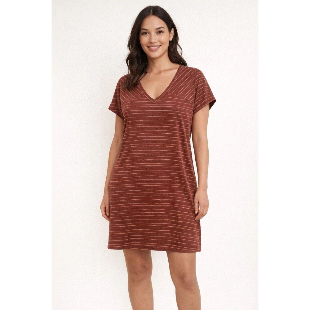 Title Nine Hiolani Womens XL Striped V Neck Rust Pocket T Shirt Dolman Dress